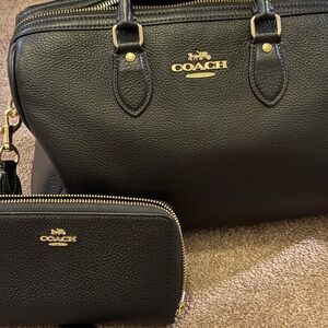 Coach Black Pebbled Leather large Rowan satchel with matching wallet .  Like new